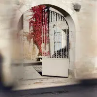 The main gate at Domaine Leflaive with a wall of red ivy on the building behind