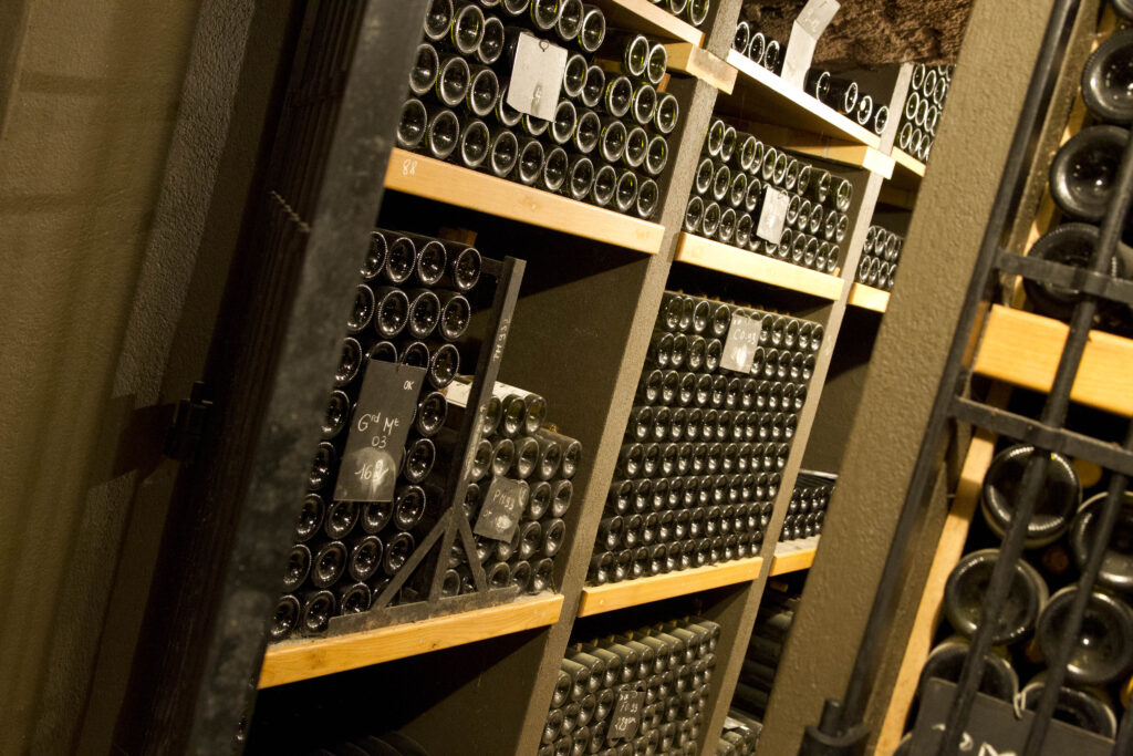 The Leflaive Bottle Cellar showing row upon row of aging wines