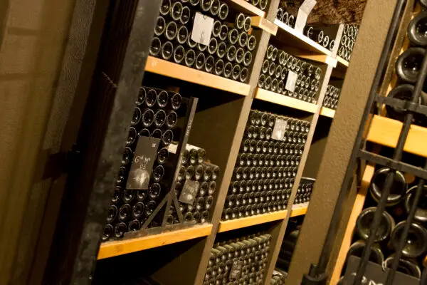 The Leflaive Bottle Cellar showing row upon row of aging wines